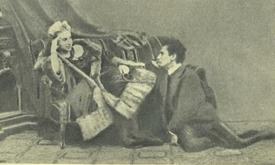 Imagen de Fanny Pistor y Leopold von Sacher-Masoch. Este último está sentado inclinado a los pies de la primera.