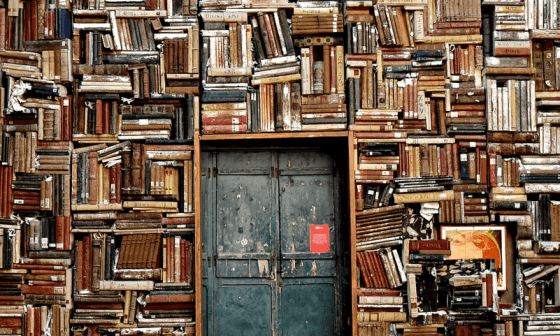 Pared hecha de libreros con una puerta en el medio.