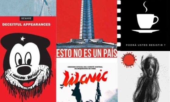 Collage de carteles de protesta cubanos reproducidos en el libro El cartel protesta (2025), con obras de Claudia Patricia, Hamlet Lavastida, Luis Luisovich Jañez y Alen Lauzán.