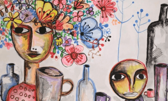 "Ejercicio de botellas, jarros y mujeres con flores en la cabeza". Técnica: Acuarela y pastel. (37/50 centímetros).
