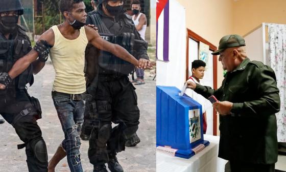 Un militar votando y dos militares llevándose a un joven detenido en Cuba