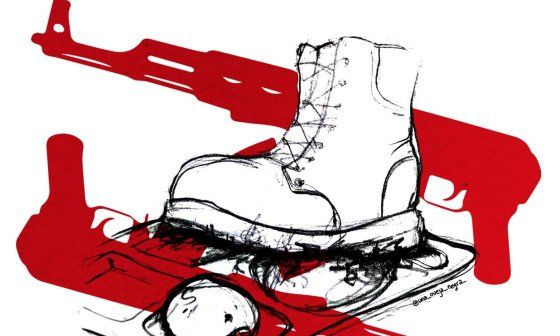 Diseño con fusiles, bota militar y pedazo de pan. fondo blanco