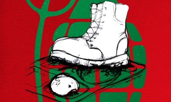 Diseño con granada de mano, bota militar y pedazo de pan. fondo rojo