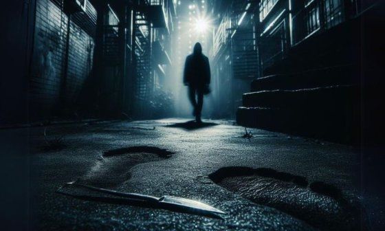 Una persona camina por un callejón oscuro.