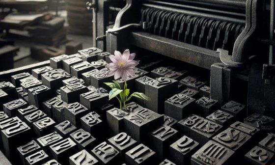 Letras de plomo en una imprenta y con una flor naciendo.
