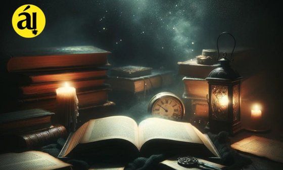 Libro rodeado de luces con velas, faroles y otros libros antiguos.