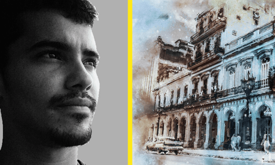 Collage: Retrato de Mario Ramírez e imagen de La Habana, Cuba.