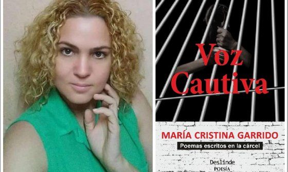 María Cristina Garrido y la portada de su poemario "Voz cautiva"