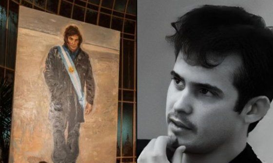 Artista cubano Richard Somonte (derecha) y su cuadro gigante dedicado a Javier Milei (izquierda).