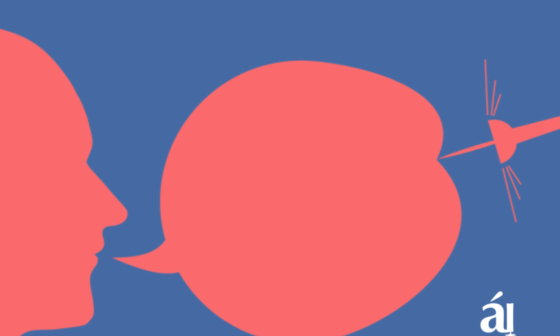 Ilustración de una persona hablando, mientras su "globo de texto" es "pinchado".