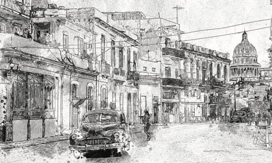 Cuba: carro almendrón, edificios antiguos y el Capitolio en una misma calle.