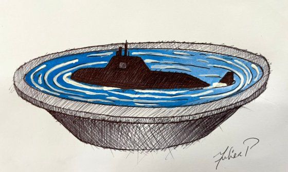 Obra de Yulier P. Submarino ruso flotando en un plato de comida
