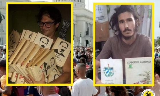 Yunior García y Leonardo Romero son dos jóvenes reprimidos en Cuba, con obras de José Martí.