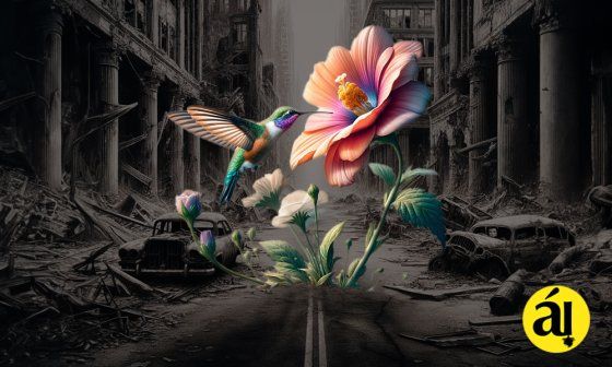 Zunzún polinizando un a flor en una ciudad destruida