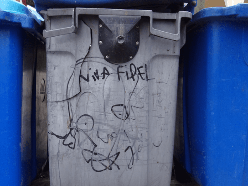 "Viva Fidel" escrito en contenedor de basura.